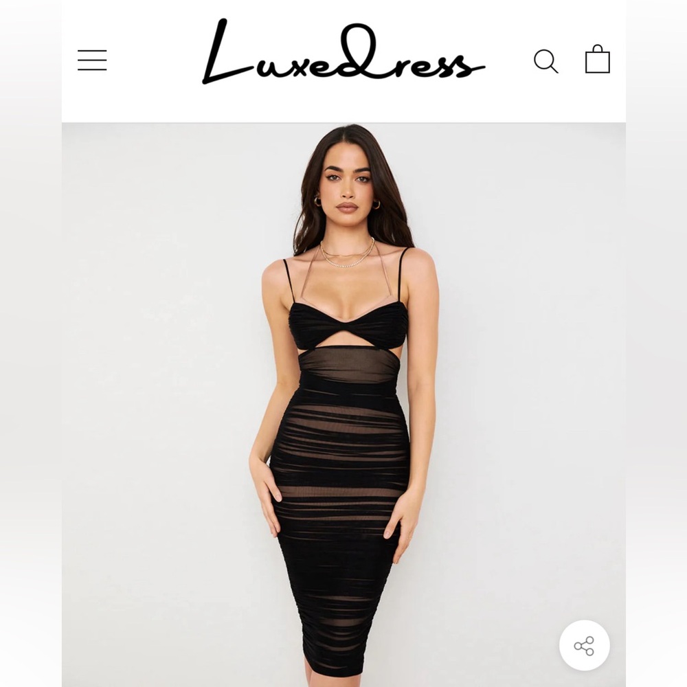 LUXEDRESS SEXY RUCHED SPAGHETTI STRAP CUTOUT BODYCON MESH MIDI DRESS - BLACK